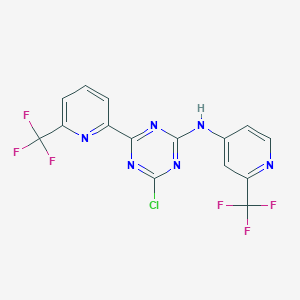 molecular formula C15H7ClF6N6 B8100524 4-chloro-6-(6-(trifluoromethyl)pyridin-2-yl)-N-(2-(trifluoromethyl)pyridin-4-yl)-1,3,5-triazin-2-amine 
