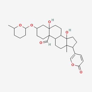 molecular formula C30H42O7 B8100997 5,14-dihydroxy-13-methyl-3-(6-methyloxan-2-yl)oxy-17-(6-oxopyran-3-yl)-2,3,4,6,7,8,9,11,12,15,16,17-dodecahydro-1H-cyclopenta[a]phenanthrene-10-carbaldehyde 