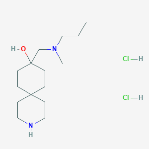 molecular formula C15H32Cl2N2O B8101975 9-[[Methyl(propyl)amino]methyl]-3-azaspiro[5.5]undecan-9-ol;dihydrochloride 