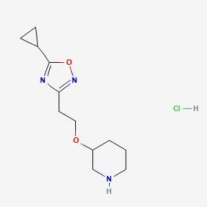 molecular formula C12H20ClN3O2 B8102036 5-Cyclopropyl-3-(2-piperidin-3-yloxyethyl)-1,2,4-oxadiazole;hydrochloride 