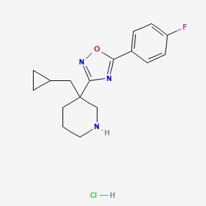 molecular formula C17H21ClFN3O B8102153 3-[3-(Cyclopropylmethyl)piperidin-3-yl]-5-(4-fluorophenyl)-1,2,4-oxadiazole;hydrochloride 