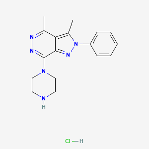 molecular formula C17H21ClN6 B8102275 3,4-Dimethyl-2-phenyl-7-piperazin-1-ylpyrazolo[3,4-d]pyridazine;hydrochloride 