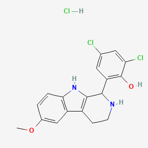 molecular formula C18H17Cl3N2O2 B8102306 2,4-dichloro-6-(6-methoxy-2,3,4,9-tetrahydro-1H-pyrido[3,4-b]indol-1-yl)phenol;hydrochloride 
