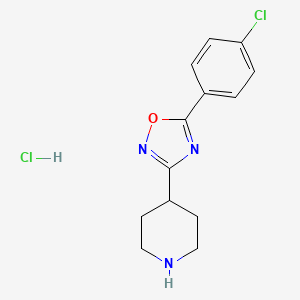 molecular formula C13H15Cl2N3O B8102412 5-(4-Chlorophenyl)-3-piperidin-4-yl-1,2,4-oxadiazole;hydrochloride 