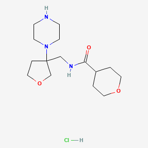 molecular formula C15H28ClN3O3 B8102508 N-[(3-piperazin-1-yloxolan-3-yl)methyl]oxane-4-carboxamide;hydrochloride 