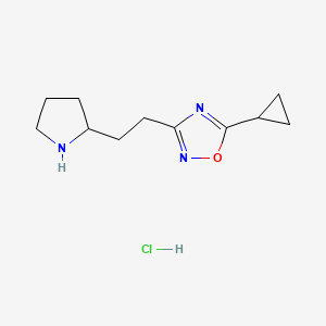 molecular formula C11H18ClN3O B8102752 5-Cyclopropyl-3-(2-pyrrolidin-2-ylethyl)-1,2,4-oxadiazole;hydrochloride 
