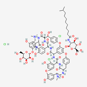 molecular formula C88H101Cl3N10O28 B8102965 (2S,3S,4R,5R,6S)-6-[[(1S,2R,19R,22R,34S,37R,40R)-5,32-dichloro-52-[3-(dimethylamino)propylcarbamoyl]-2,26,31,44,49-pentahydroxy-22-(methylamino)-21,35,38,54,56,59-hexaoxo-47-[(2R,3S,4S,5S,6R)-3,4,5-trihydroxy-6-(hydroxymethyl)oxan-2-yl]oxy-7,13,28-trioxa-20,36,39,53,55,58-hexazaundecacyclo[38.14.2.23,6.214,17.219,34.18,12.123,27.129,33.141,45.010,37.046,51]hexahexaconta-3,5,8,10,12(64),14(63),15,17(62),23(61),24,26,29(60),30,32,41(57),42,44,46(51),47,49,65-henicosaen-64-yl]oxy]-3,4-dihydroxy-5-(10-methylundecanoylamino)oxane-2-carboxylic acid;hydrochloride 