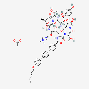 molecular formula C65H88N8O19 B8103317 2-[[(3S,6S,9S,11R,18S,20R,24S,25S,26S)-6-[(1S,2S)-1,2-dihydroxy-2-(4-hydroxyphenyl)ethyl]-11,20,25-trihydroxy-3,15-bis[(1R)-1-hydroxyethyl]-26-methyl-2,5,8,14,17,23-hexaoxo-18-[[4-[4-(4-pentoxyphenyl)phenyl]benzoyl]amino]-1,4,7,13,16,22-hexazatricyclo[22.3.0.09,13]heptacosan-21-yl]oxy]ethyl-trimethylazanium;acetate 