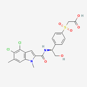 molecular formula C21H20Cl2N2O6S B8106016 2-[4-[(1~{S})-1-[[4,5-bis(chloranyl)-1,6-dimethyl-indol-2-yl]carbonylamino]-2-oxidanyl-ethyl]phenyl]sulfonylethanoic acid 