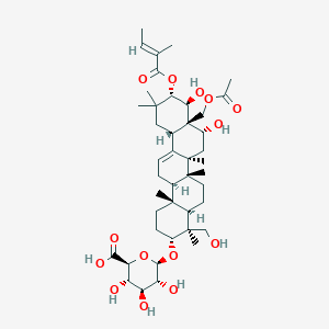molecular formula C43H66O14 B8106720 (2S,3S,4S,5R,6R)-6-[[(3R,4S,4aR,6aR,6bS,8R,8aR,9S,10S,12aS,14aR,14bR)-8a-(acetyloxymethyl)-8,9-dihydroxy-4-(hydroxymethyl)-4,6a,6b,11,11,14b-hexamethyl-10-[(E)-2-methylbut-2-enoyl]oxy-1,2,3,4a,5,6,7,8,9,10,12,12a,14,14a-tetradecahydropicen-3-yl]oxy]-3,4,5-trihydroxyoxane-2-carboxylic acid 