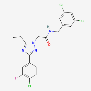 molecular formula C19H16Cl3FN4O B8107588 2-[3-(4-chloro-3-fluorophenyl)-5-ethyl-1,2,4-triazol-1-yl]-N-[(3,5-dichlorophenyl)methyl]acetamide 