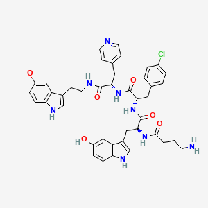 molecular formula C43H47ClN8O6 B8107674 4-amino-N-[(2S)-1-[[(2S)-3-(4-chlorophenyl)-1-[[(2S)-1-[2-(5-methoxy-1H-indol-3-yl)ethylamino]-1-oxo-3-pyridin-4-ylpropan-2-yl]amino]-1-oxopropan-2-yl]amino]-3-(5-hydroxy-1H-indol-3-yl)-1-oxopropan-2-yl]butanamide 