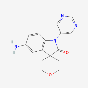 molecular formula C16H16N4O2 B8108808 5-Amino-1-(pyrimidin-5-yl)-2',3',5',6'-tetrahydrospiro[indoline-3,4'-pyran]-2-one 