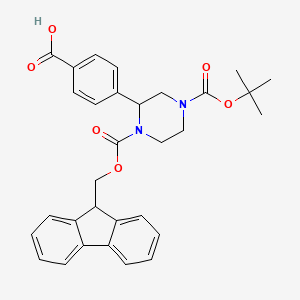 molecular formula C31H32N2O6 B8113478 4-(1-(((9H-Fluoren-9-YL)methoxy)carbonyl)-4-(tert-butoxycarbonyl)piperazin-2-YL)benzoic acid 