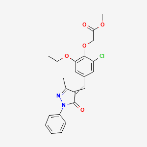 molecular formula C22H21ClN2O5 B8114607 2-[2-Chloro-6-ethoxy-4-[(3-methyl-5-oxo-1-phenyl-4-pyrazolylidene)methyl]phenoxy]acetic acid methyl ester 