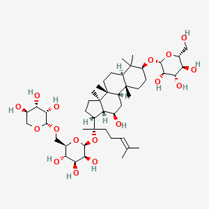 molecular formula C47H80O17 B8114613 (2R,3S,4S,5S,6R)-2-(hydroxymethyl)-6-[[(3S,5R,8R,9S,10R,12R,13R,14R,17R)-12-hydroxy-4,4,8,10,14-pentamethyl-17-[(2S)-6-methyl-2-[(2S,3S,4S,5S,6R)-3,4,5-trihydroxy-6-[[(2S,3S,4S,5R)-3,4,5-trihydroxyoxan-2-yl]oxymethyl]oxan-2-yl]oxyhept-5-en-2-yl]-2,3,5,6,7,9,11,12,13,15,16,17-dodecahydro-1H-cyclopenta[a]phenanthren-3-yl]oxy]oxane-3,4,5-triol 