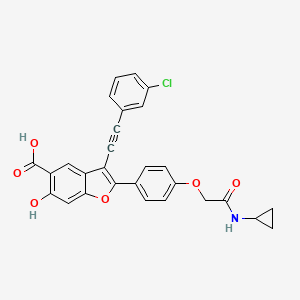 molecular formula C28H20ClNO6 B8116701 3-[(3-Chlorophenyl)ethynyl]-2-{4-[2-(Cyclopropylamino)-2-Oxoethoxy]phenyl}-6-Hydroxy-1-Benzofuran-5-Carboxylic Acid 