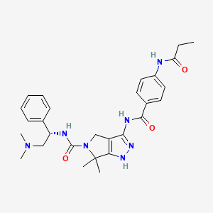 molecular formula C28H35N7O3 B8117064 N-[(1S)-2-(Dimethylamino)-1-phenylethyl]-6,6-dimethyl-3-[[4-(propanoylamino)benzoyl]amino]-1,4-dihydropyrrolo[3,4-c]pyrazole-5-carboxamide 
