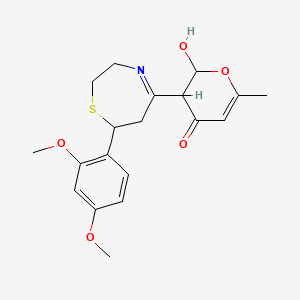 molecular formula C19H23NO5S B8117975 3-[7-(2,4-Dimethoxyphenyl)-2,3,6,7-tetrahydro-1,4-thiazepin-5-yl]-2-hydroxy-6-methyl-2,3-dihydropyran-4-one 
