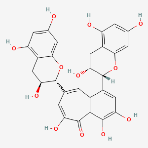 molecular formula C29H24O12 B8118310 3,4,6-Trihydroxy-1-((2R,3R)-3,5,7-trihydroxychroman-2-yl)-8-((2R,3S)-3,5,7-trihydroxychroman-2-yl)-5H-benzo[7]annulen-5-one 