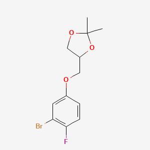 molecular formula C12H14BrFO3 B8121217 4-((3-Bromo-4-fluorophenoxy)methyl)-2,2-dimethyl-1,3-dioxolane 