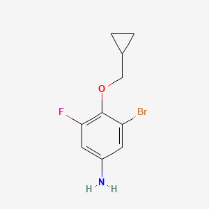 molecular formula C10H11BrFNO B8125868 3-Bromo-4-cyclopropylmethoxy-5-fluoro-phenylamine 