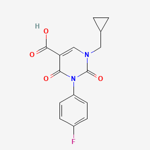 molecular formula C15H13FN2O4 B8126734 1-(Cyclopropylmethyl)-3-(4-fluorophenyl)-2,4-dioxo-1,2,3,4-tetrahydropyrimidine-5-carboxylic acid 