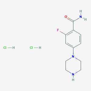 molecular formula C11H16Cl2FN3O B8130277 2-Fluoro-4-piperazin-1-yl-benzamide dihydrochloride 