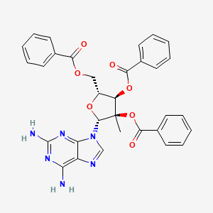 molecular formula C32H28N6O7 B8132336 2,6-Diamino-9-(2',3',5'-tri-O-benzoyl-2-c-methyl-beta-D-ribofuranosyl)-9H-purine 