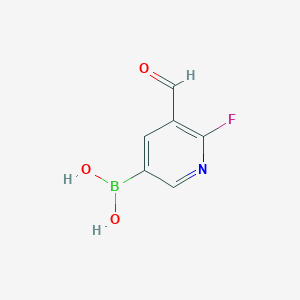 molecular formula C6H5BFNO3 B8133910 6-Fluoro-5-formylpyridine-3-boronic acid 