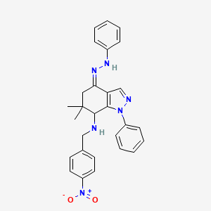 (4Z)-6,6-dimethyl-N-[(4-nitrophenyl)methyl]-1-phenyl-4-(phenylhydrazinylidene)-5,7-dihydroindazol-7-amine