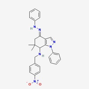 molecular formula C28H28N6O2 B8141088 (4E)-6,6-dimethyl-N-[(4-nitrophenyl)methyl]-1-phenyl-4-(phenylhydrazinylidene)-5,7-dihydroindazol-7-amine 