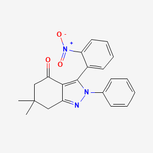 molecular formula C21H19N3O3 B8141159 6,6-Dimethyl-3-(2-nitrophenyl)-2-phenyl-5,7-dihydroindazol-4-one 