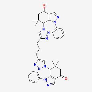 molecular formula C37H38N10O2 B8141171 7-[4-[3-[1-(6,6-Dimethyl-4-oxo-1-phenyl-5,7-dihydroindazol-7-yl)triazol-4-yl]propyl]triazol-1-yl]-6,6-dimethyl-1-phenyl-5,7-dihydroindazol-4-one 