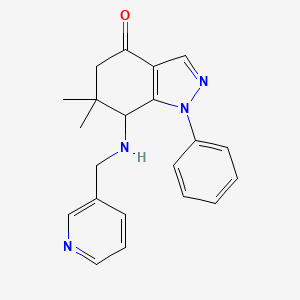 molecular formula C21H22N4O B8141236 6,6-Dimethyl-1-phenyl-7-(pyridin-3-ylmethylamino)-5,7-dihydroindazol-4-one 