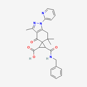 molecular formula C26H26N4O4 B8141314 3'-(benzylcarbamoyl)-3,6,6-trimethyl-4-oxo-1-pyridin-2-ylspiro[7H-indazole-5,2'-cyclopropane]-1'-carboxylic acid 