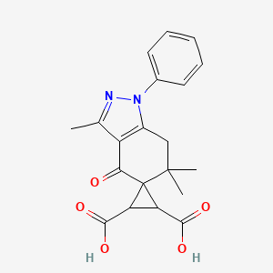 molecular formula C20H20N2O5 B8141321 3,6,6-trimethyl-4-oxo-1-phenylspiro[7H-indazole-5,3'-cyclopropane]-1',2'-dicarboxylic acid 