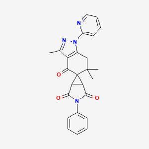 molecular formula C25H22N4O3 B8141323 3',6',6'-trimethyl-3-phenyl-1'-pyridin-2-ylspiro[3-azabicyclo[3.1.0]hexane-6,5'-7H-indazole]-2,4,4'-trione 