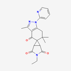 molecular formula C21H22N4O3 B8141330 3-Ethyl-3',6',6'-trimethyl-2,4,4'-trioxo-1'-(2-pyridyl)-4',5',6',7'-tetrahydro-1'h-spiro[3-azabicyclo-(3,1,0)hexane-6,5'-indazole] 