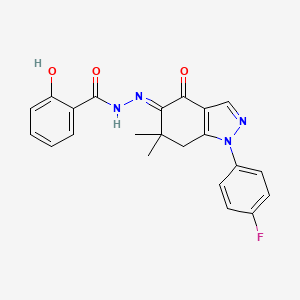 molecular formula C22H19FN4O3 B8141381 N-[(E)-[1-(4-fluorophenyl)-6,6-dimethyl-4-oxo-7H-indazol-5-ylidene]amino]-2-hydroxybenzamide 