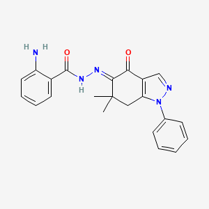 molecular formula C22H21N5O2 B8141394 2-amino-N-[(E)-(6,6-dimethyl-4-oxo-1-phenyl-7H-indazol-5-ylidene)amino]benzamide 