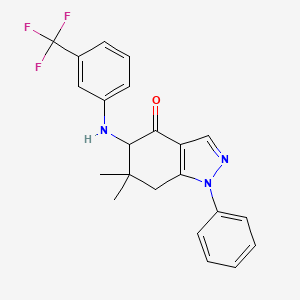 molecular formula C22H20F3N3O B8141399 6,6-Dimethyl-1-phenyl-5-[3-(trifluoromethyl)anilino]-5,7-dihydroindazol-4-one 