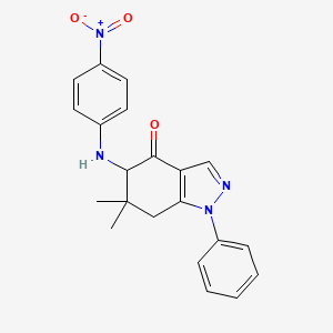 molecular formula C21H20N4O3 B8141404 6,6-Dimethyl-5-(4-nitroanilino)-1-phenyl-5,7-dihydroindazol-4-one 