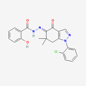 molecular formula C22H19ClN4O3 B8141511 N-[(E)-[1-(2-chlorophenyl)-6,6-dimethyl-4-oxo-7H-indazol-5-ylidene]amino]-2-hydroxybenzamide 