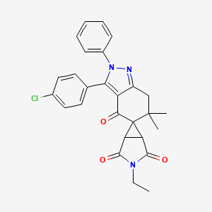 molecular formula C27H24ClN3O3 B8141614 3'-(4-chlorophenyl)-3-ethyl-6',6'-dimethyl-2'-phenylspiro[3-azabicyclo[3.1.0]hexane-6,5'-7H-indazole]-2,4,4'-trione 