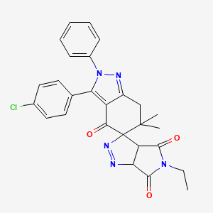 molecular formula C27H24ClN5O3 B8141639 3'-(4-chlorophenyl)-5-ethyl-6',6'-dimethyl-2'-phenylspiro[3a,6a-dihydropyrrolo[3,4-c]pyrazole-3,5'-7H-indazole]-4,4',6-trione 