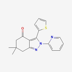 molecular formula C18H17N3OS B8141643 6,6-Dimethyl-2-pyridin-2-yl-3-thiophen-2-yl-5,7-dihydroindazol-4-one 