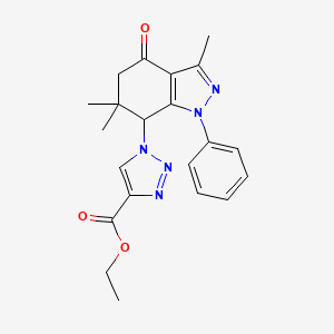 molecular formula C21H23N5O3 B8141711 Ethyl 1-(3,6,6-trimethyl-4-oxo-1-phenyl-5,7-dihydroindazol-7-yl)triazole-4-carboxylate 