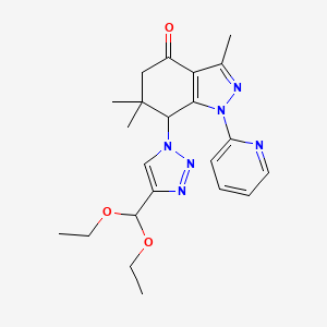 molecular formula C22H28N6O3 B8141714 7-[4-(Diethoxymethyl)triazol-1-yl]-3,6,6-trimethyl-1-pyridin-2-yl-5,7-dihydroindazol-4-one 
