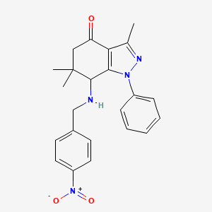 molecular formula C23H24N4O3 B8141735 3,6,6-Trimethyl-7-[(4-nitrophenyl)methylamino]-1-phenyl-5,7-dihydroindazol-4-one 